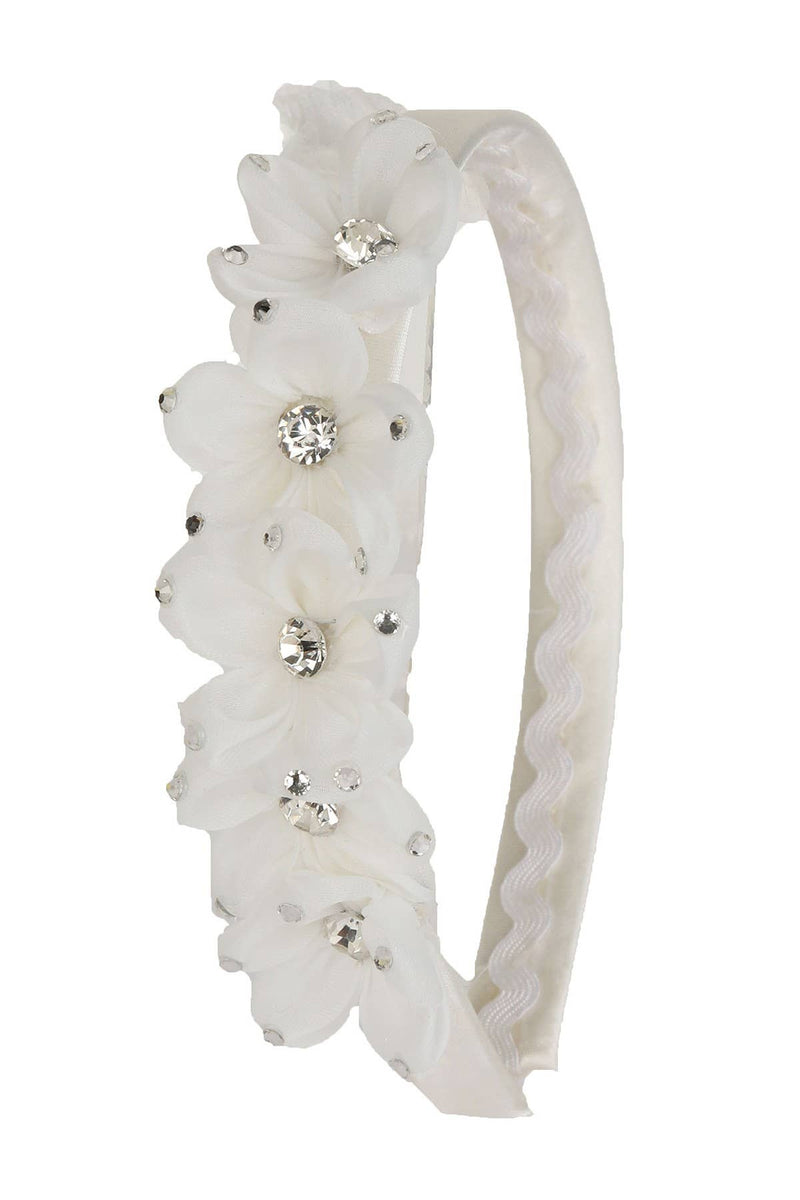 Girls First Communion Headband – White Satin Band with 5 Gem-Embellished Flowers – Pack of 2