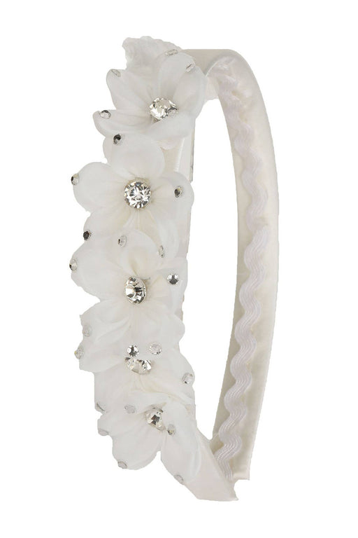 Girls First Communion Headband – White Satin Band with 5 Gem-Embellished Flowers – Pack of 2
