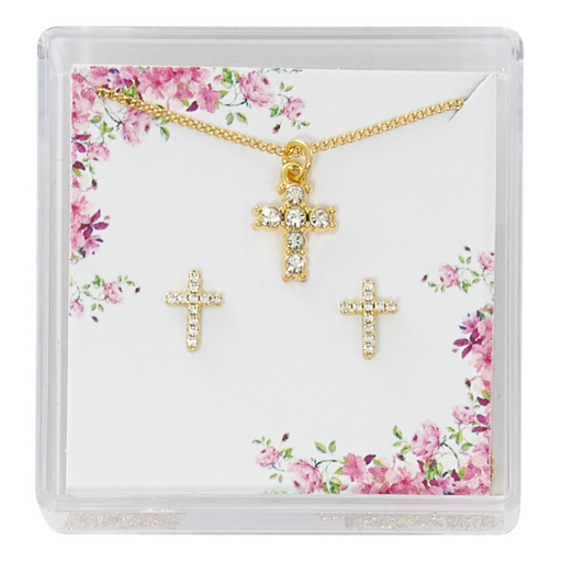 Gold Crystal Cross Communion Necklace and Earrings Set