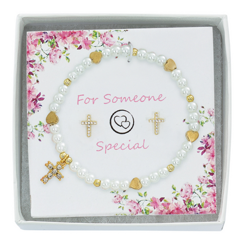 Gold Plated Heart and Cross Communion Bracelet with Earrings Set