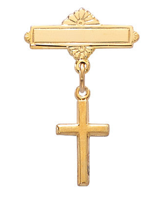 Gold Sterling Silver Cross GP Baby Bar Pin With Clear Gift Box 