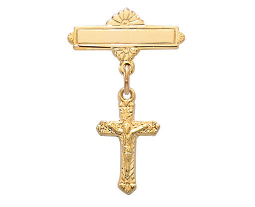 Gold Sterling Silver Crucifix GP Baby Bar Pin With Clear Gift Box