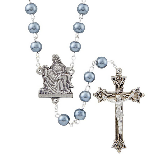 Gray Glass Pearl Beads Rosary with Pieta Centerpiece - 3 Pieces Per Package