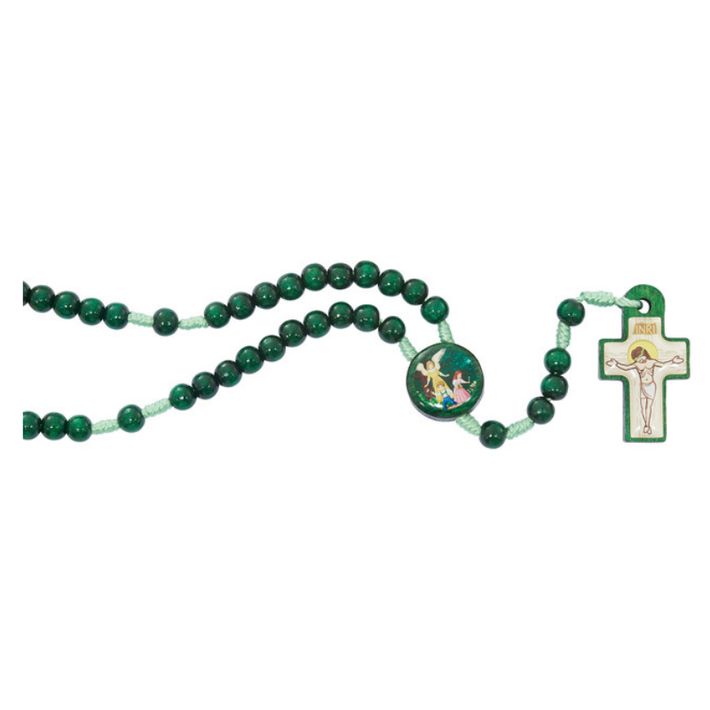 Green Wood Guardian Angel Rosary - Carded