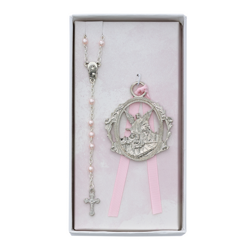 Guardian Angel Crib Medal and Rosary Set - Pink Guardian Angel Crib Medal and Rosary Set Baby Gifts Baby Presents
