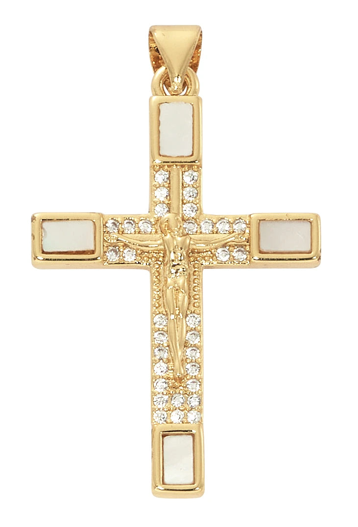 Gold Plated Mother of Pearl Crucifix Necklace with Crystal Stones – Adjustable 16-18" Chain
