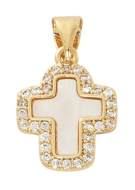 Gold Plated Mother of Pearl Cross Necklace with Crystal Halo – Adjustable 16-18" Chain