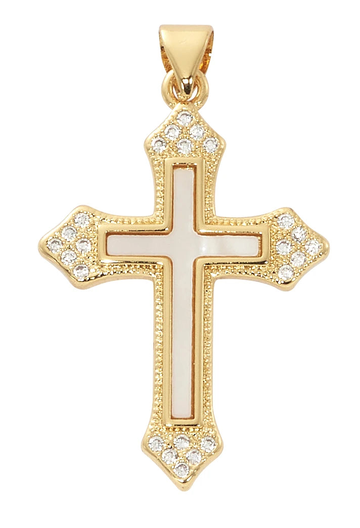 Gold Plated Mother of Pearl Cross Necklace with Crystal Accents – Adjustable 16-18" Chain