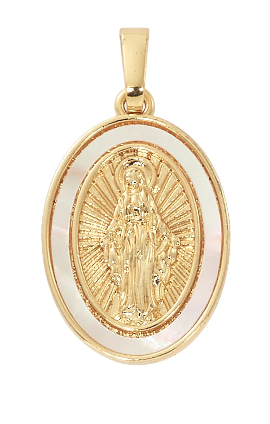 Gold Plated Mother of Pearl Miraculous Medal Necklace – Adjustable 16-18" Chain