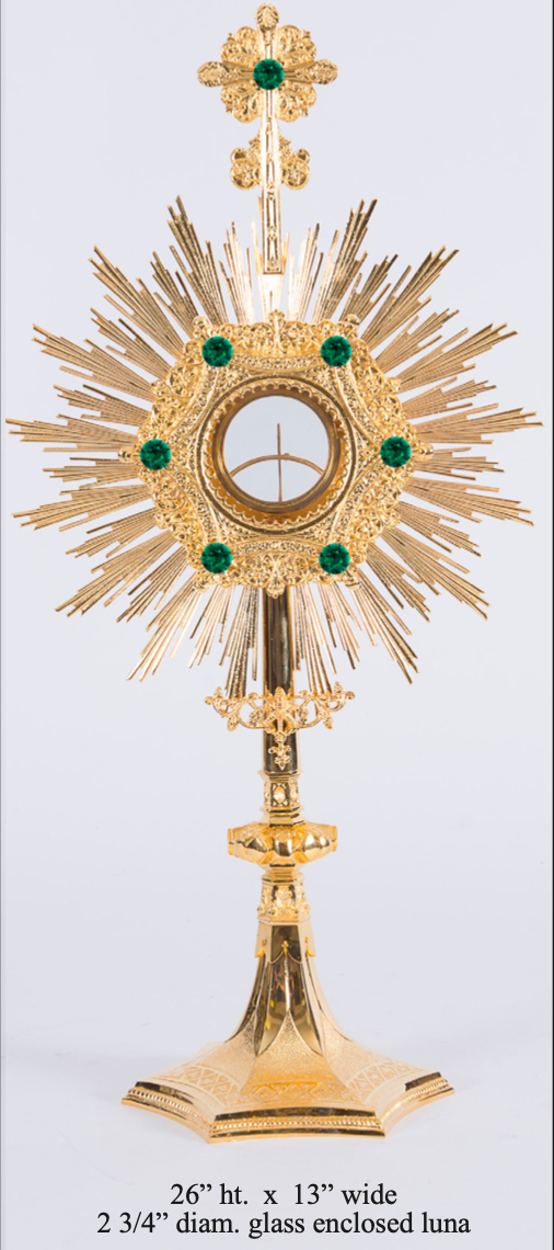 Gold Plated Monstrance with Glass Enclosed Luna - Green Stones
