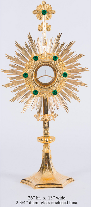 Gold Plated Monstrance with Glass Enclosed Luna - Green Stones