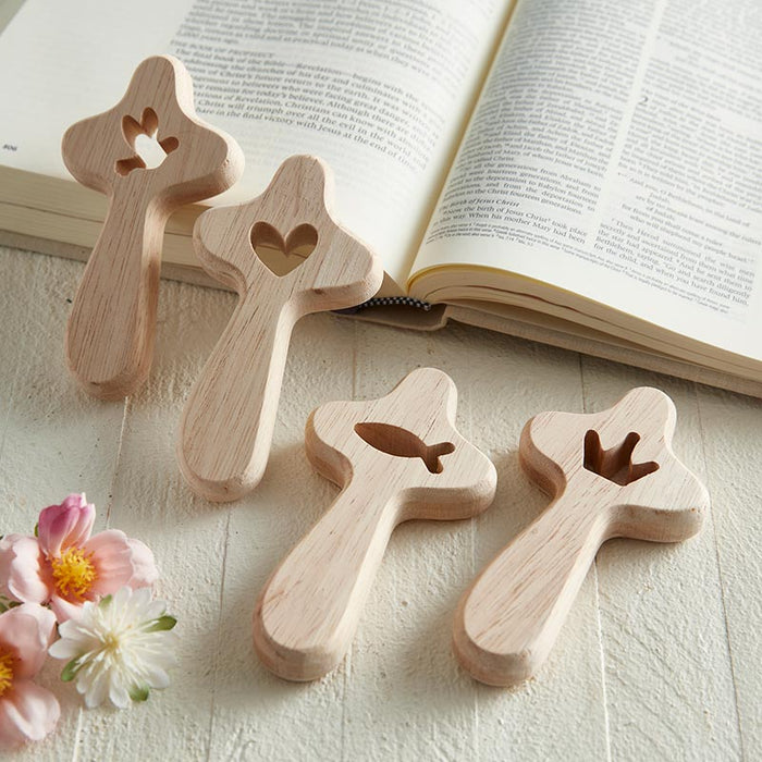 Wooden Handheld Cross with Cutout Heart - 12 Pieces Per Package