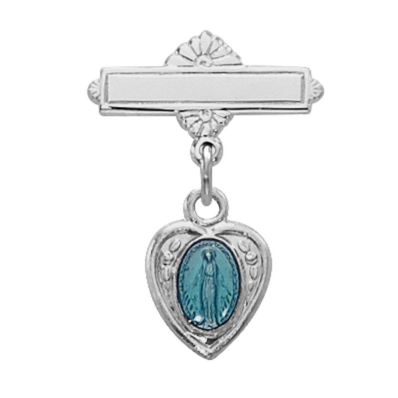 Heart-Shaped Sterling Silver Bar Pin with Blue Miraculous Image in an Elegant Burgundy Flip Gift Box