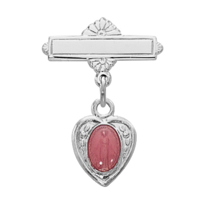 Heart-Shaped Sterling Silver Bar Pin with Pink Miraculous Image in an Elegant Burgundy Flip Gift Box