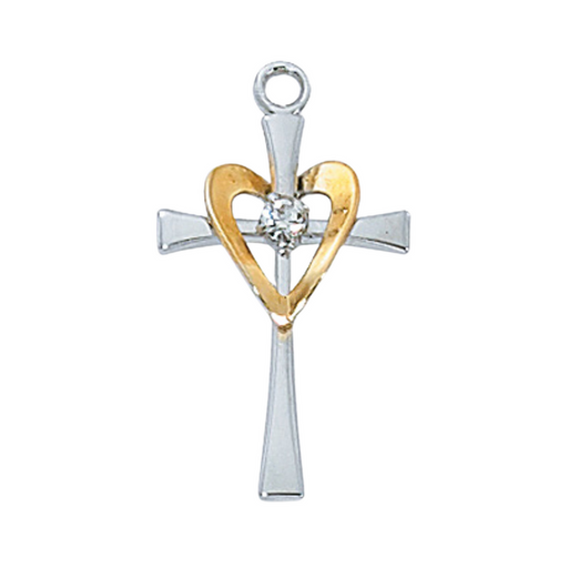Heart Cross in Sterling Silver w/ Crystal Stone and 18" Rhodium Plated Chain