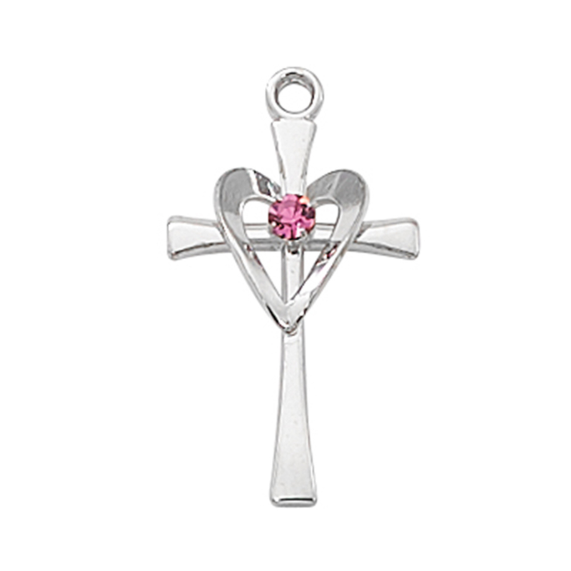 Heart Cross in Sterling Silver w/ Pink Glass Stone and 18" Rhodium Plated Chain