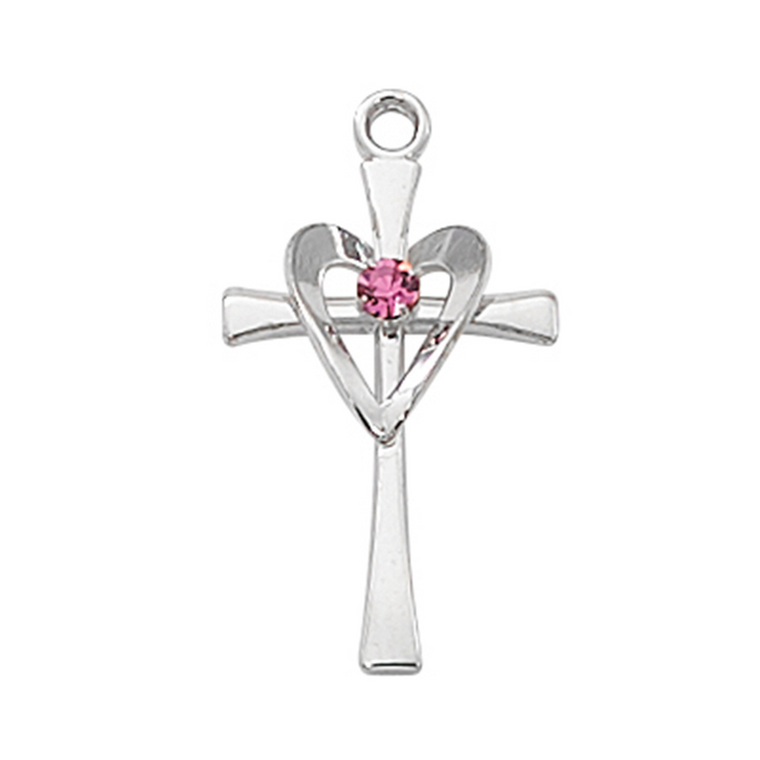 Heart Cross in Sterling Silver w/ Pink Glass Stone and 18" Rhodium Plated Chain