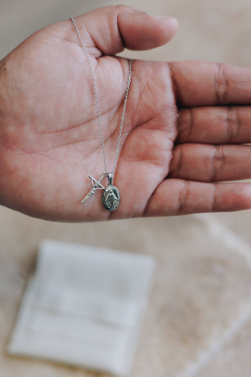 Silver Dainty Crucifix & Miraculous Medal Necklace