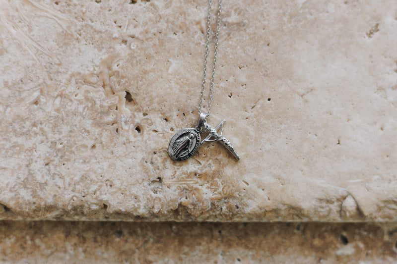 Silver Dainty Crucifix & Miraculous Medal Necklace