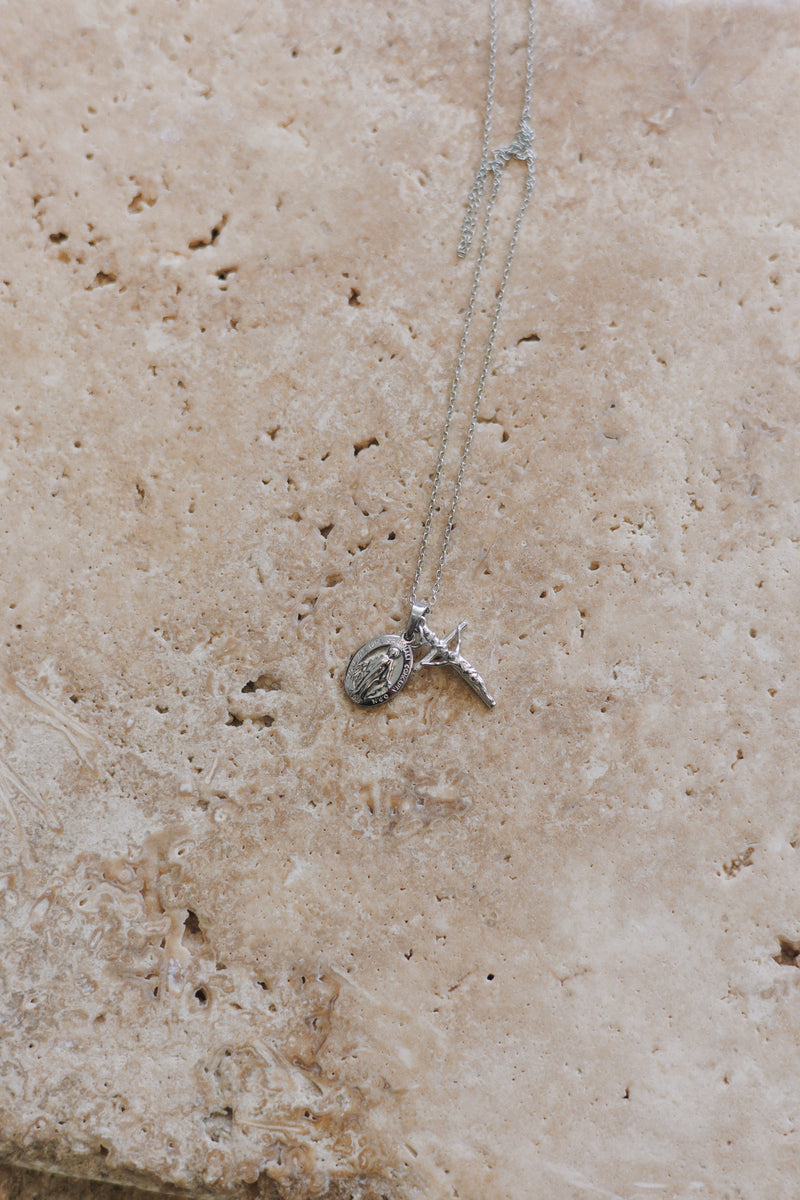 Silver Dainty Crucifix & Miraculous Medal Necklace