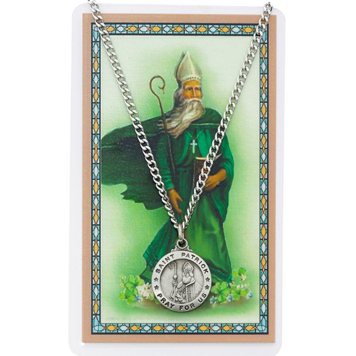 Laminated Holy Card St. Patrick with Medal and 24" Silver-Tone Pewter Chain