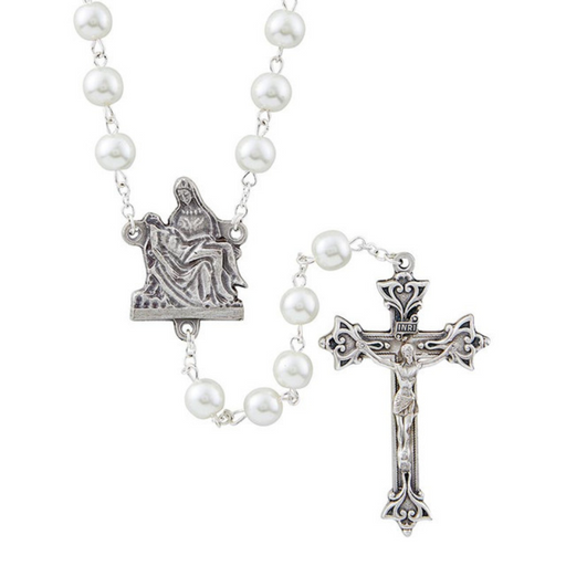 Ivory Glass Pearl Beads Rosary with Pieta Centerpiece - 3 Pieces Per Package