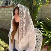 Jerusalem Veil – White Lace Mantilla for Women (48″ x 24″) – Elegant Religious Headcovering for Mass and Devotions