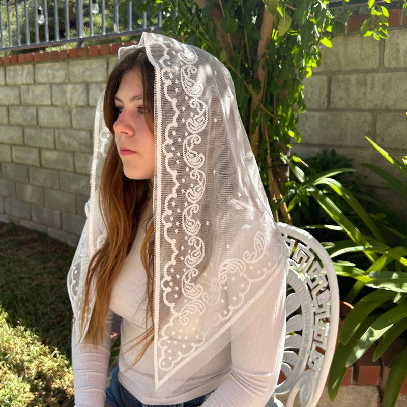 Jerusalem Veil – White Lace Mantilla for Women (48″ x 24″) – Elegant Religious Headcovering for Mass and Devotions