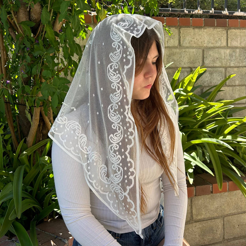 Jerusalem Veil – White Lace Mantilla for Women (48″ x 24″) – Elegant Religious Headcovering for Mass and Devotions