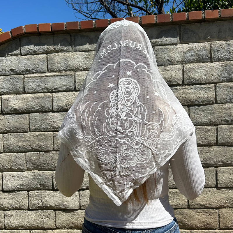 Jerusalem Veil – White Lace Mantilla for Women (48″ x 24″) – Elegant Religious Headcovering for Mass and Devotions