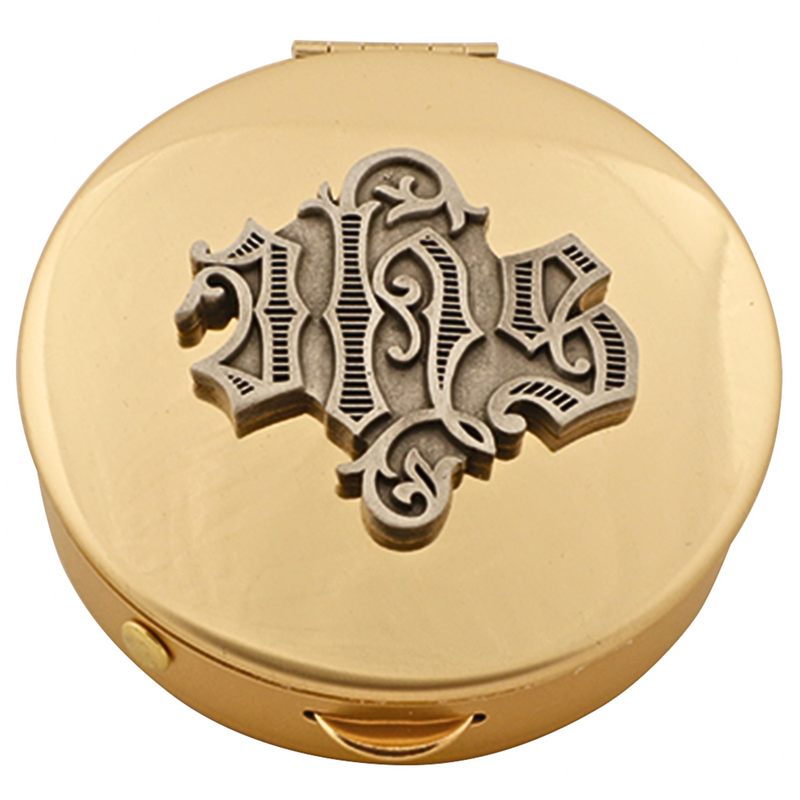 K121-8 Brass Pyx with Pewter ‘IHS’ Medallion – 1-1/2" x 1/2", 8-Host Capacity