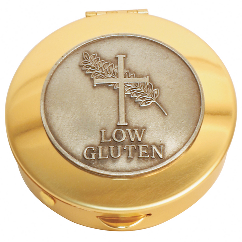 K123-12 Brass Pyx with Pewter ‘Low Gluten’ Medallion – 2-1/8" x 1/2", 12-Host Capacity