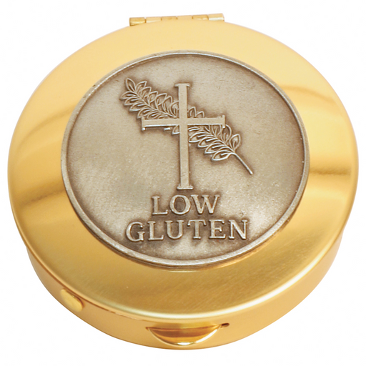K123-12 Brass Pyx with Pewter ‘Low Gluten’ Medallion – 2-1/8" x 1/2", 12-Host Capacity
