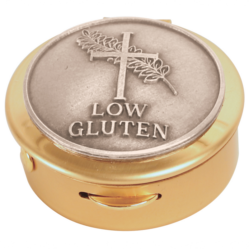 K123-8 Brass Pyx with Pewter ‘Low Gluten’ Medallion – 1-1/2" x 1/2", 8-Host Capacity