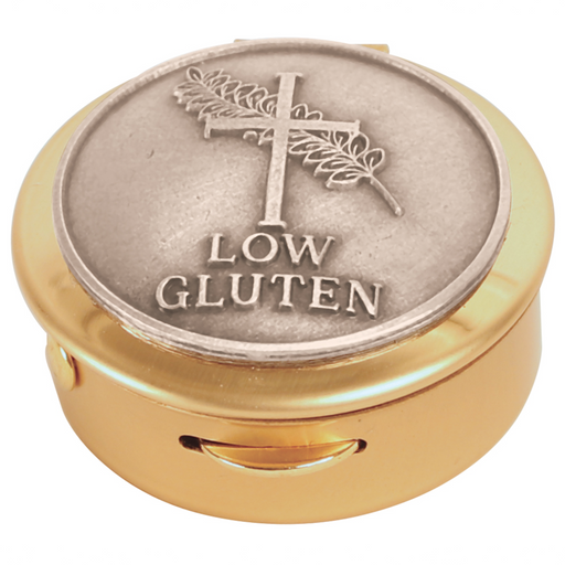K123-8 Brass Pyx with Pewter ‘Low Gluten’ Medallion – 1-1/2" x 1/2", 8-Host Capacity
