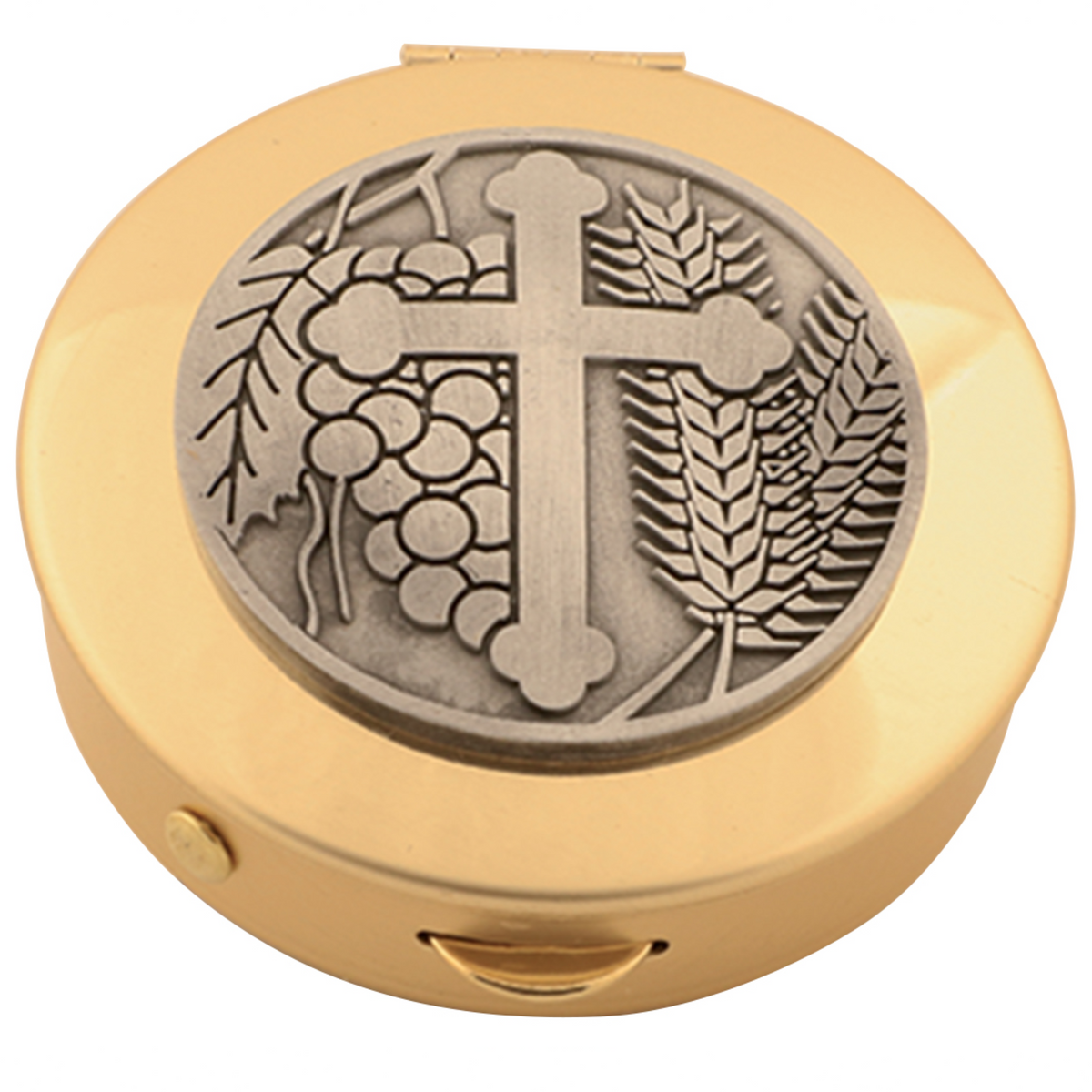K127-25 Brass Pyx with Pewter Cross Medallion – 2-7/8