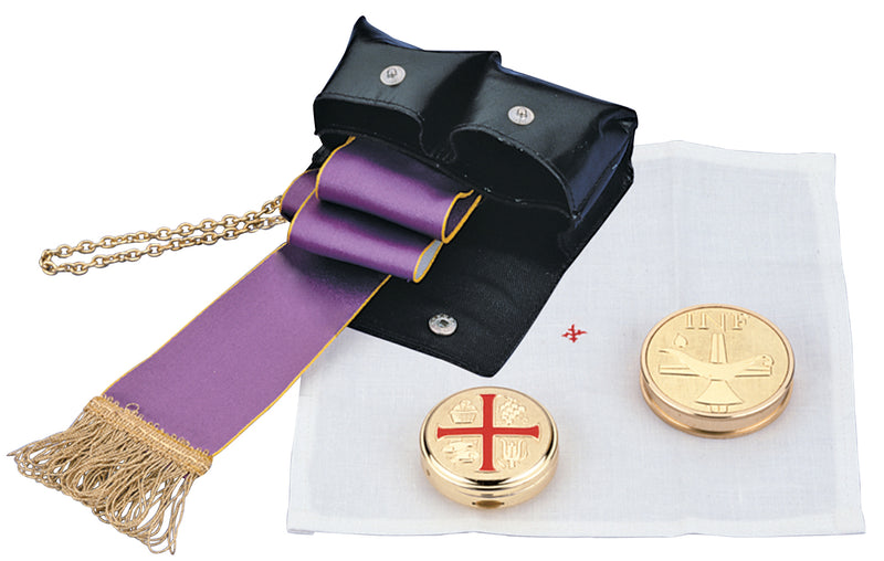 K129 - Compact Travel Liturgy Set for Eucharistic Ministers & Clergy – Includes Leather Case, Pyx, Oil Stock, Linen & Reversible Stole