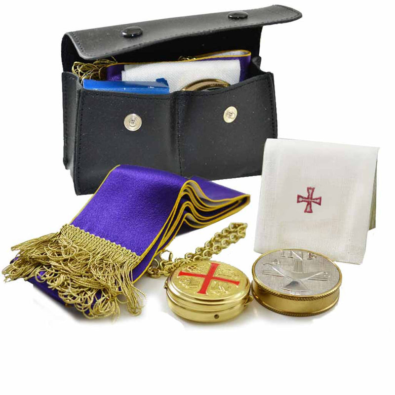 K129 - Compact Travel Liturgy Set for Eucharistic Ministers & Clergy – Includes Leather Case, Pyx, Oil Stock, Linen & Reversible Stole