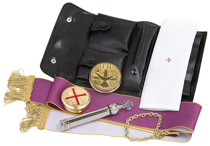 K138 Clergy Liturgy Set – Genuine Leather Case, Oil Stock, Pyx (10 Hosts), Sprinkler, Linen Cloth & Reversible Stole