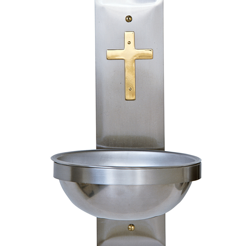 K149 Holy Water Font – Stainless Steel with Brass Cross, 6" Bowl, 11" Back Plate