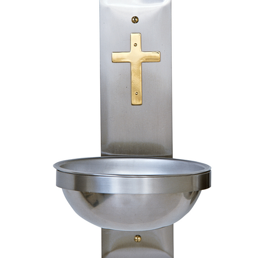 K149 Holy Water Font – Stainless Steel with Brass Cross, 6" Bowl, 11" Back Plate