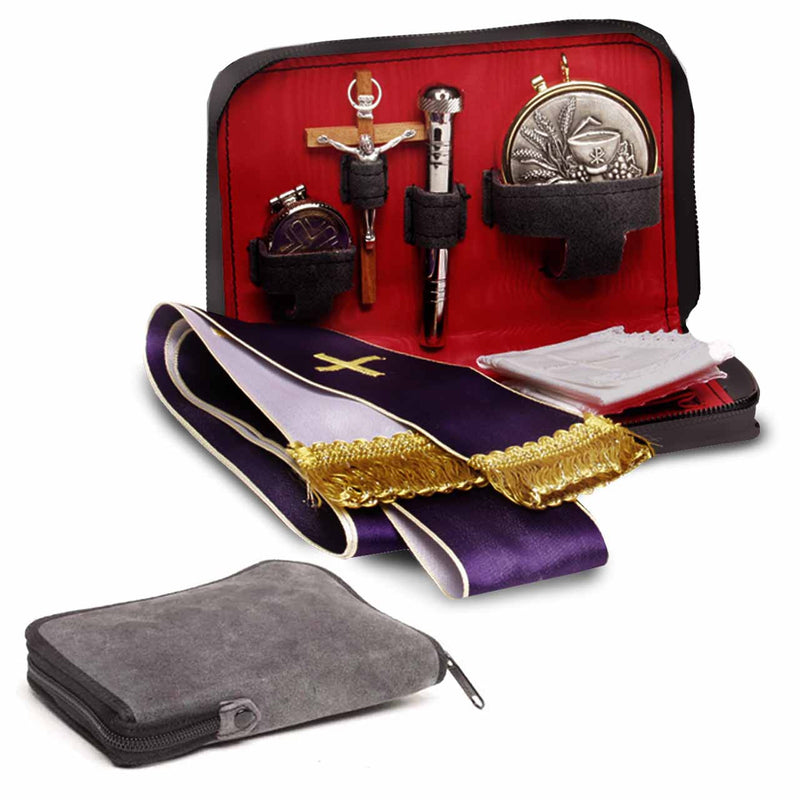 K151 Complete Sick Call Kit – Soft Suede Case with Eucharistic Supplies: Pyx, Oil Stock, Crucifix & More