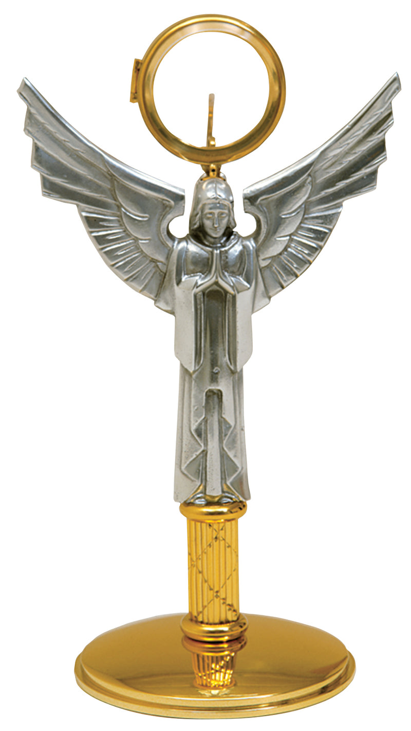 K154 Monstrance 24k gold-plated with angel in oxidized silver, 13 inches, acrylic luna for Eucharistic adoration