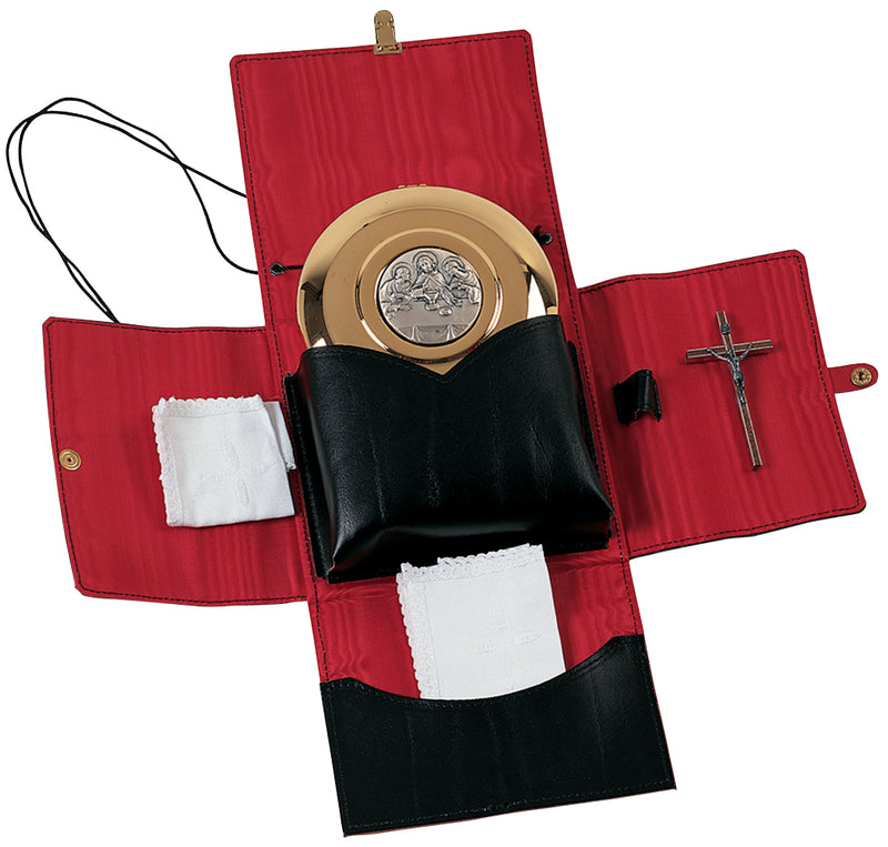 K209 Hospital Pyx & Leather Burse Set – Gold-Plated Pyx with Secure Clasp, 125 Host Capacity, Crucifix, and Finger Cloths