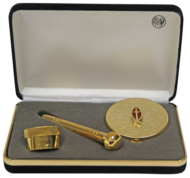 K229 24k Gold Plated Pastoral Deacon Set –  Pyx, Oil Stock, Pocket Sprinkler, Foam-Padded Case