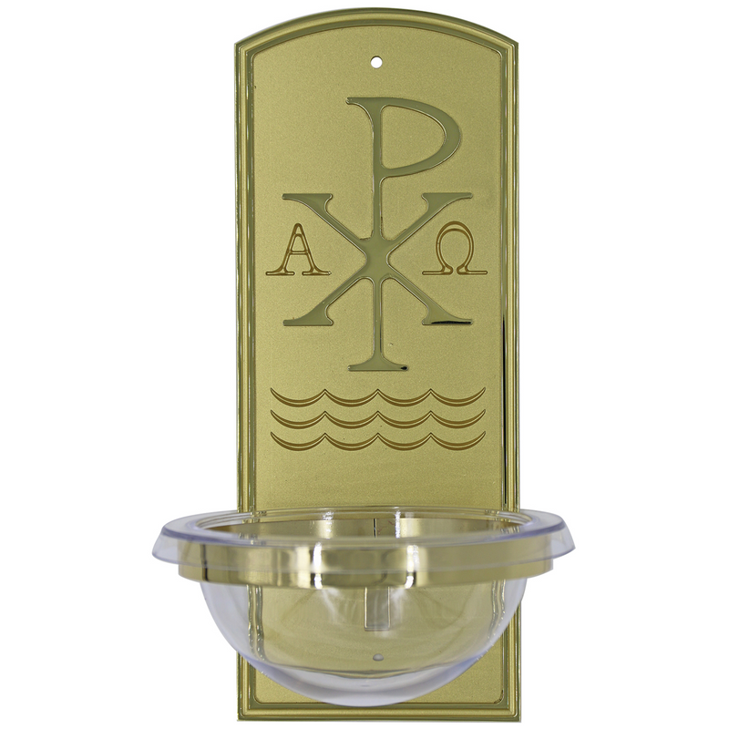 K240 Holy Water Font – Solid Brass with Acrylic Bowl, 4" x 10" Back Plate