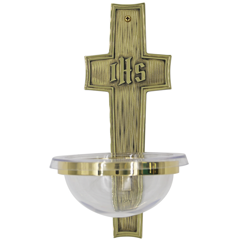 K242 Holy Water Font – Solid Brass with Acrylic Bowl, 3-3/4" x 10" Back Plate