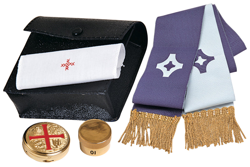 K285 Liturgical Kit – Leather Case with Reversible Stole, Pyx, Oil Stock, and Finger Cloth