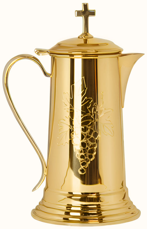 K310G – 48 oz Pewter Flagon, 10-1/2-Inch Tall, 24k Gold-Plated, Bright Finish with Engraved Grape Design & Hinged Cover