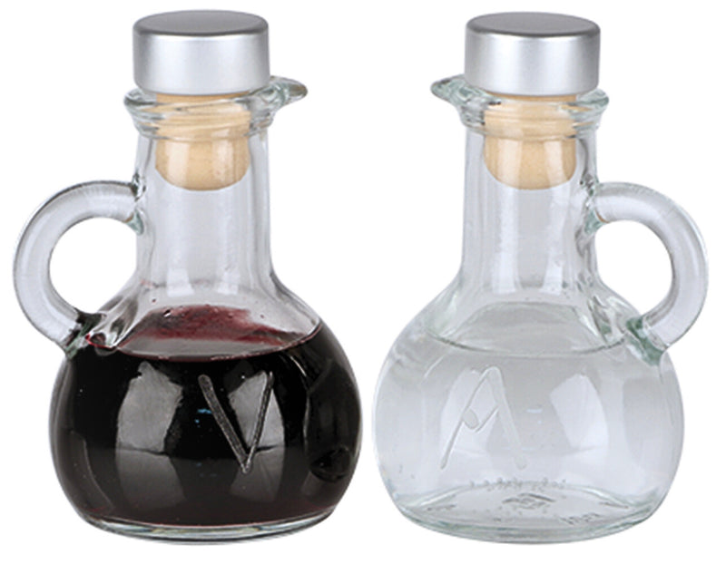 K324 Cruets with Stoppers – 4-1/4" H., 4 oz. Capacity, Engraved Water & Wine Symbols, Pair